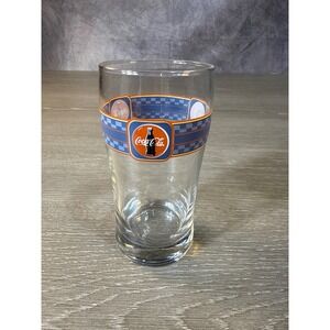 Vintage Coca-Cola Glass Tumbler Blue Orange Checkered Band Soda Memorabilia 5.5"